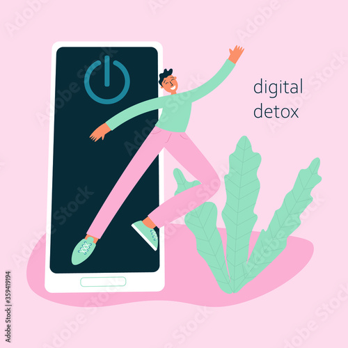 Digital detox concept. Young person jumps out from smartphone trying to limit social media time. Rejection of gadgets, internet addiction. Flat cartoon modern illustration.
