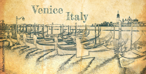 Swinging gondolas in Venice, Italy, sketch on old paper