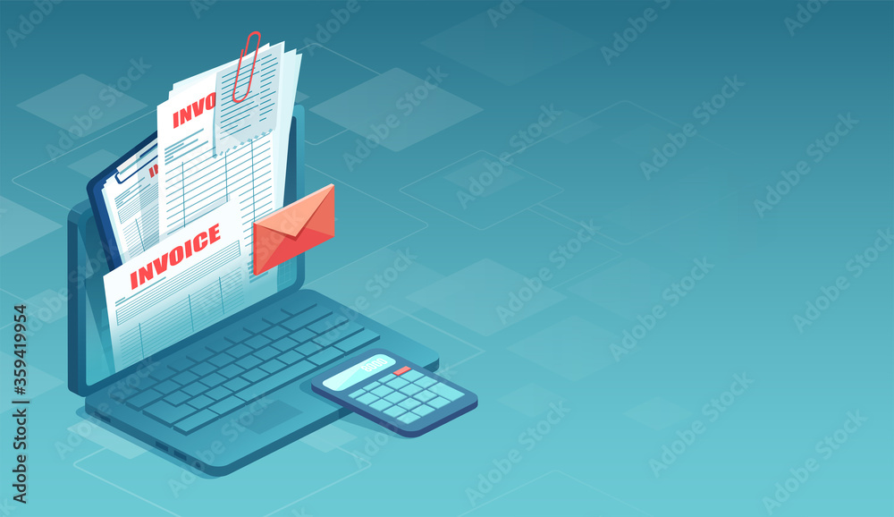Vector of online invoice with bills, purchase confirmation coming out of laptop