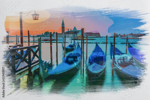 Swinging gondolas in Venice at sunrise, watercolor painting © shaiith