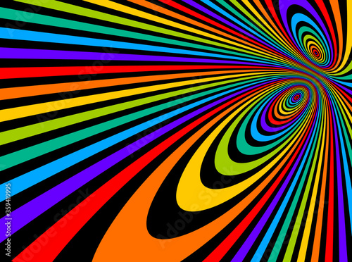 Colorful rainbow abstract vector lines psychedelic optical illusion illustration, surreal op art linear curves in hyper 3D perspective, crazy distorted design, drug hallucination delirium,