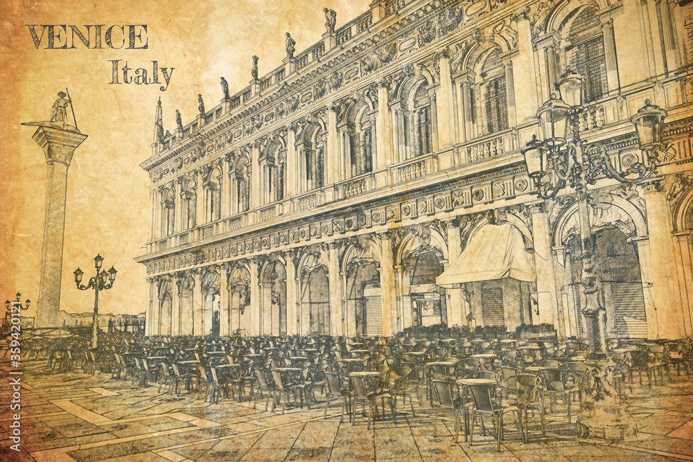 Restaurant on St. Mark's Square, Venice, sketch on old paper