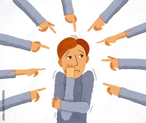 Shaming and blaming vector concept, hand pointing finger on young man feeling uncomfortable and scared, discrimination problem of cruel and intolerant behavior in social groups.