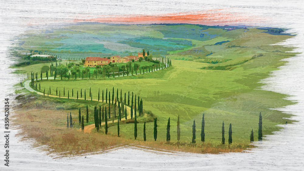 Watercolor of winding road with cypresses in Tuscany