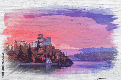Watercolor painting of Niedzica castle by lake