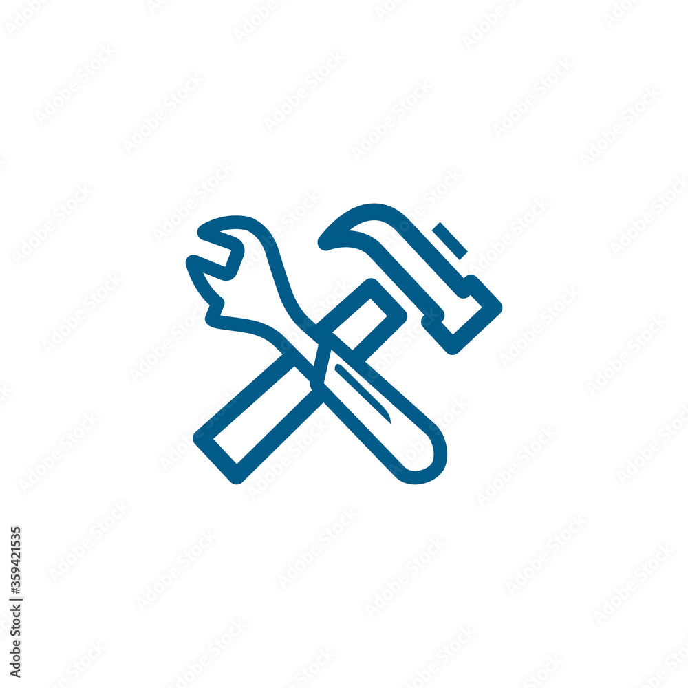 Hammer And Wrench Line Blue Icon On White Background. Blue Flat Style Vector Illustration Hammer And Wrench Line Blue Icon On White Background. Blue Flat Style Vector Illustration