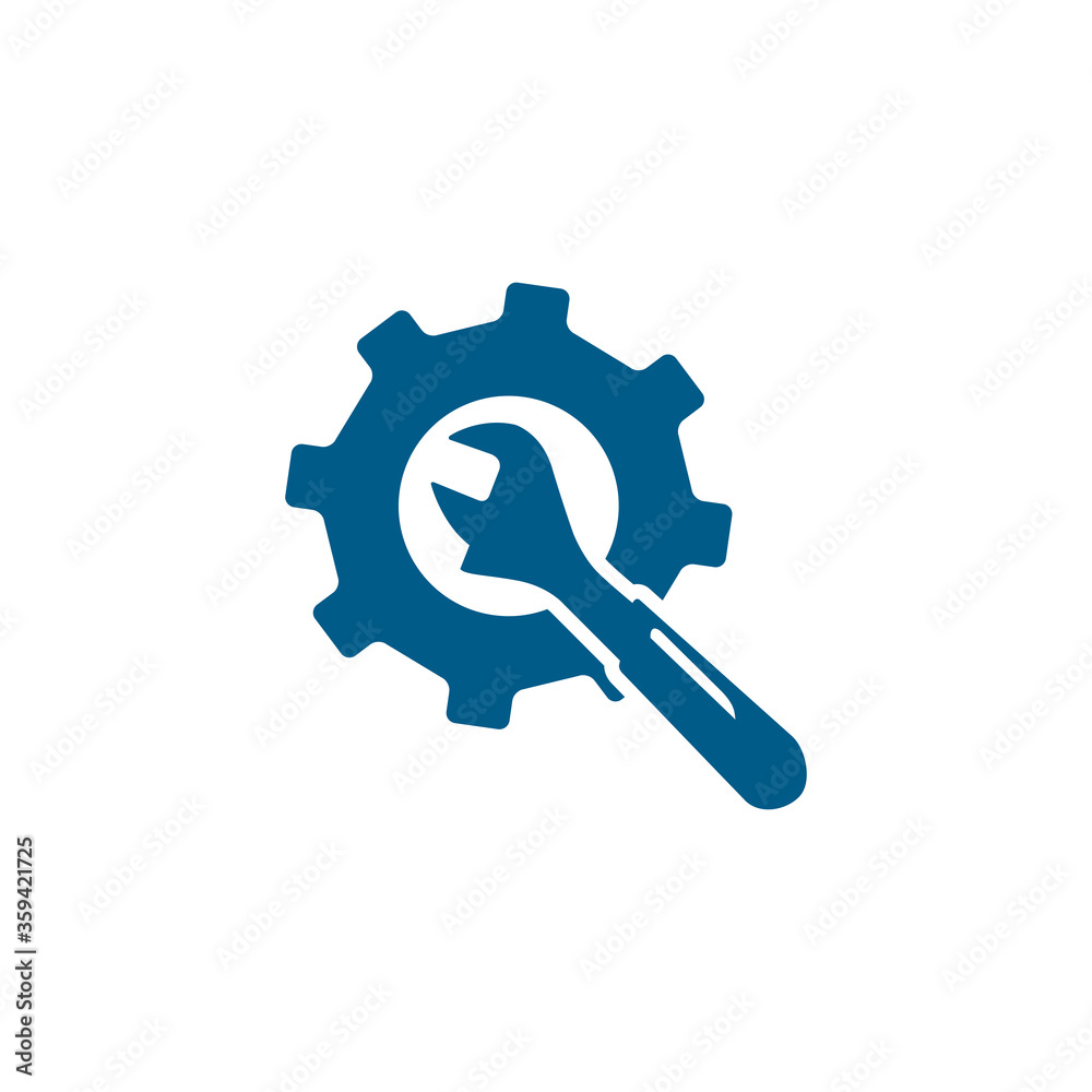 Service Tools Blue Icon On White Background. Blue Gear Wheel & Hammer Flat Style Vector Illustration