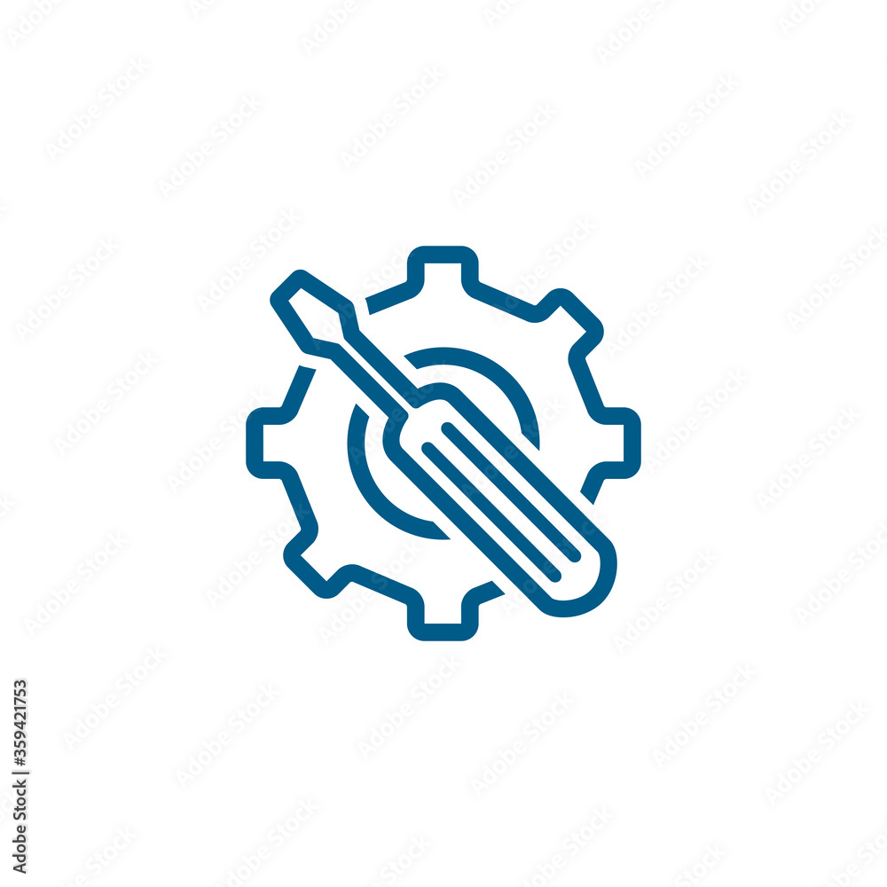 Service Tools Blue Line Icon On White Background. Blue Gear Wheel & Hammer Flat Style Illustration Service Tools Blue Line Icon On White Background. Blue Gear Wheel & Hammer Flat Style Illustration