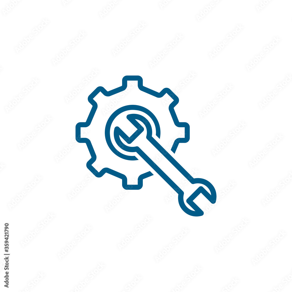Service Tools Blue Line Icon On White Background. Blue Gear Wheel & Hammer Flat Style Illustration Service Tools Blue Line Icon On White Background. Blue Gear Wheel & Hammer Flat Style Illustration