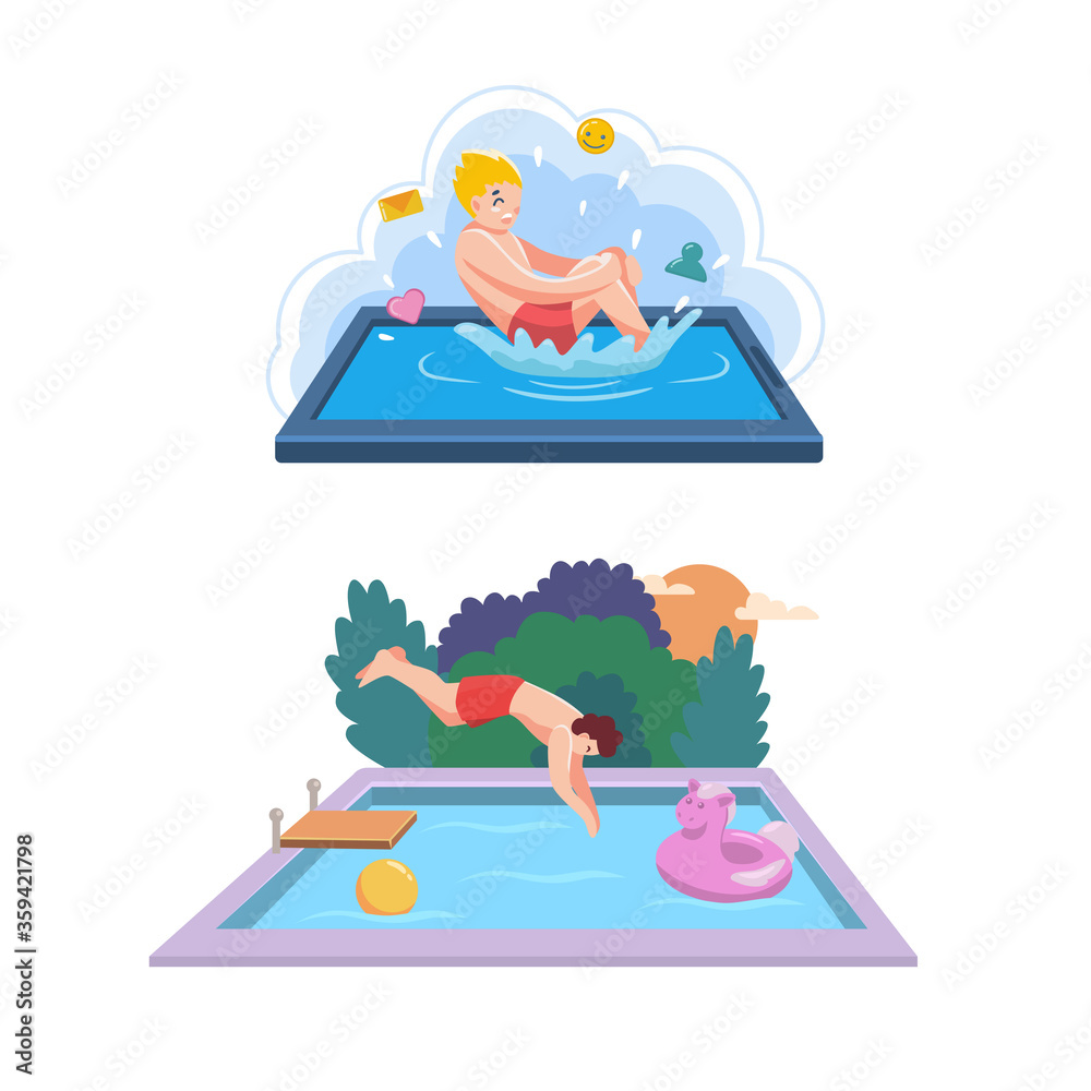 Man jumping into pool, guy jumps bomb into water, splashes of waves Man jumping into pool, guy jumps bomb into water, splashes of waves