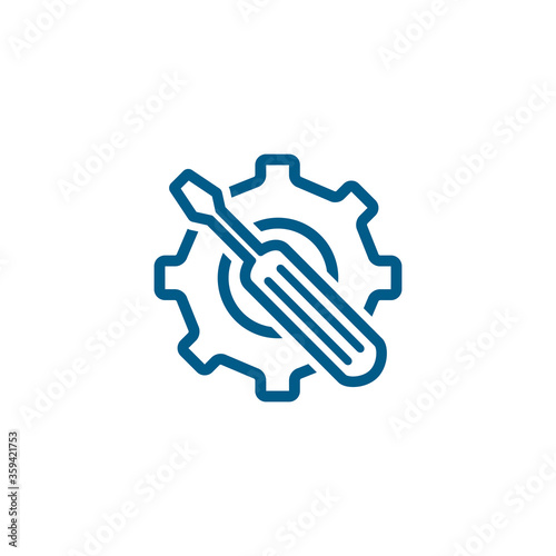 Service Tools Blue Line Icon On White Background. Blue Gear Wheel & Hammer Flat Style Illustration
