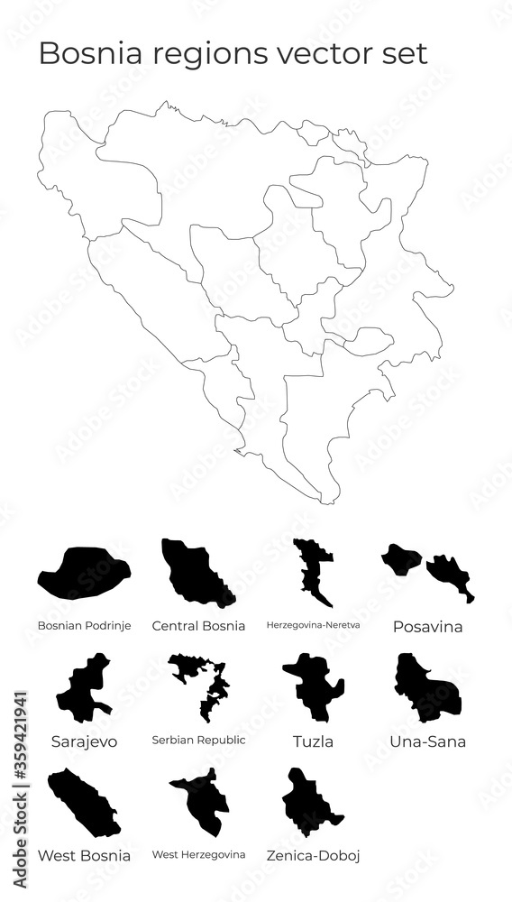 Bosnia map with shapes of regions. Blank vector map of the country with regions. Borders of the country for your infographic. Vector illustration. Bosnia map with shapes of regions. Blank vector map of the country with regions. Borders of the country for your infographic. Vector illustration.