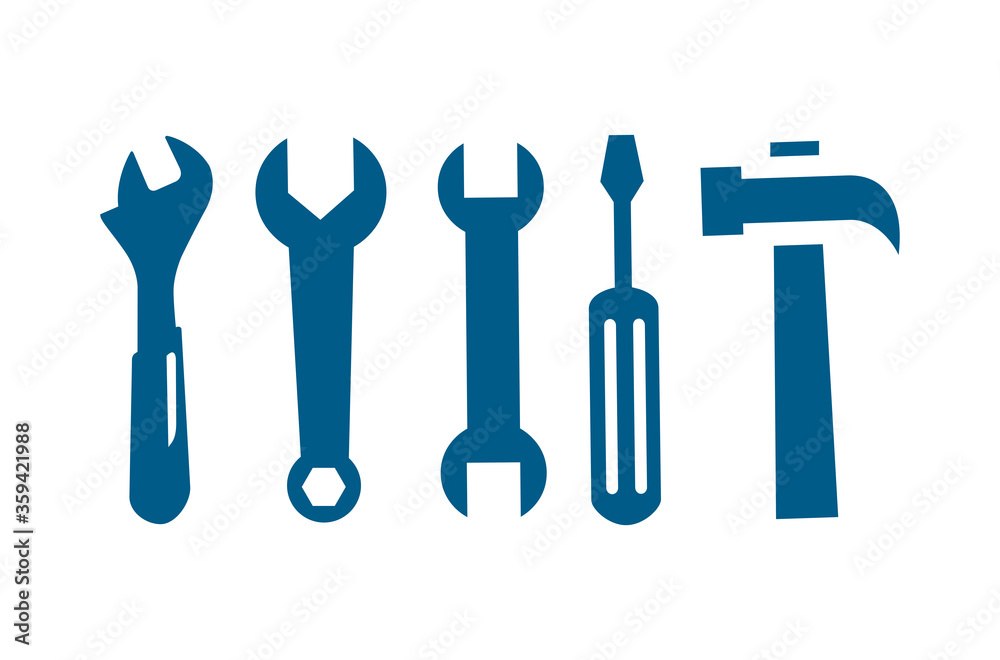 Wrench Spanner Screwdriver And Hammer Line Blue Icon On White Background. Blue Flat Style Vector Wrench Spanner Screwdriver And Hammer Line Blue Icon On White Background. Blue Flat Style Vector