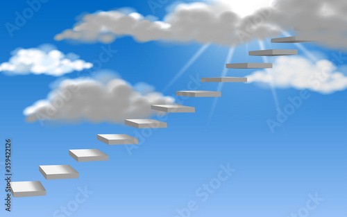 white staircase with sunlight and cloud on the blue sky