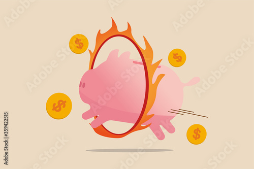 Financial risk, investment volatility or savings for wealthy retirement concept, bravely pink piggy bank jump through danger ring of fire metaphor of survive in financial crisis or economic recession.