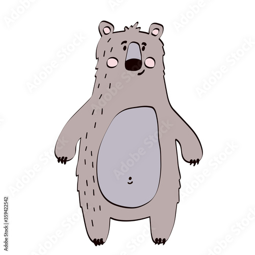Icon cute brown bear. Sweet baby. Boy. Cartoon children illustration. Animal design. Black graphic lines, sketch. Great for postcards, logo, textiles, stickers. White isolated background, print.