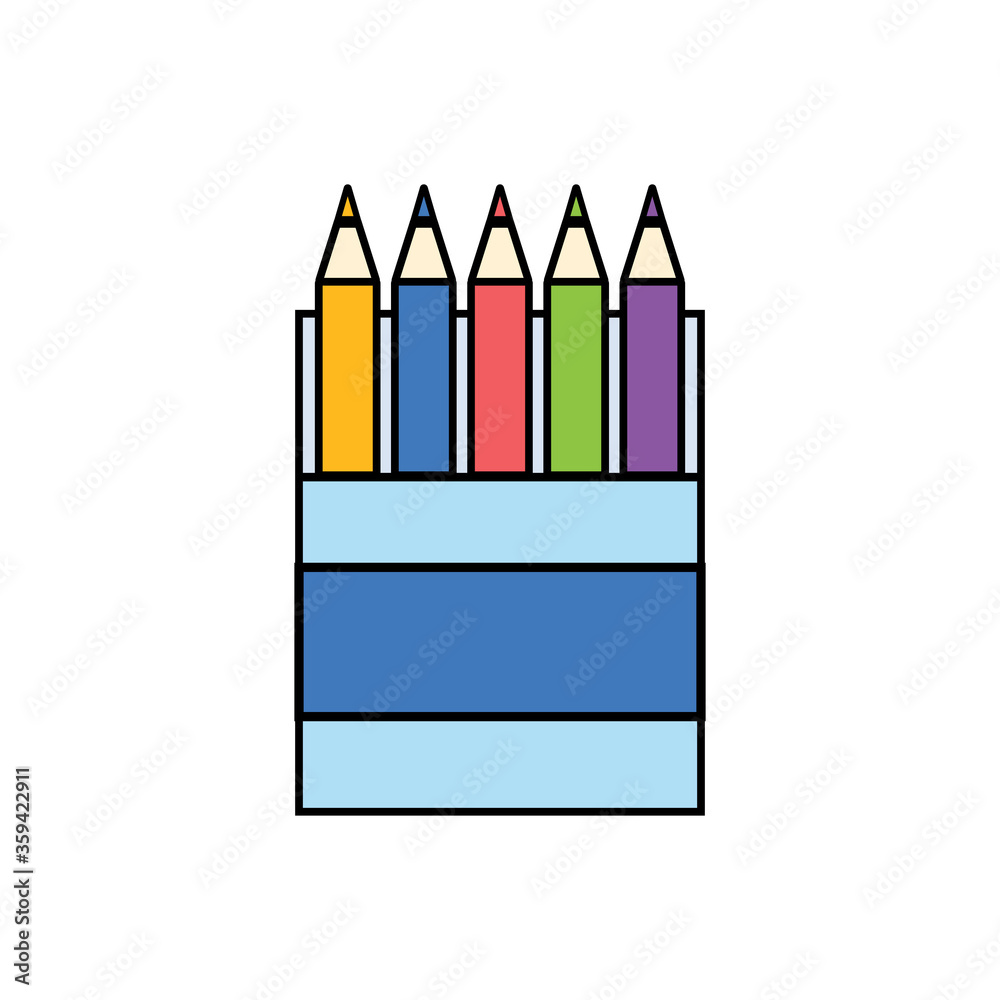 Doodle box with colored pencils, white background, isolated vector illustration, design, decoration, icon