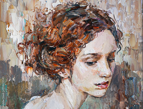 Fototapeta Naklejka Na Ścianę i Meble -  Portrait of a young, dreamy girl with curly brown hair. Oil painting on canvas.
