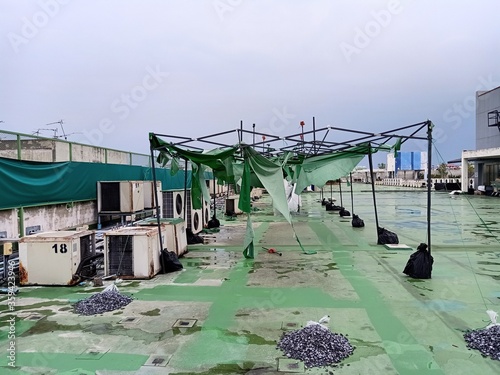 The roof of the damaged tent