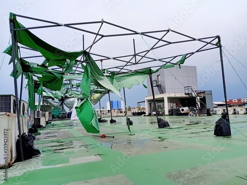 The roof of the damaged tent