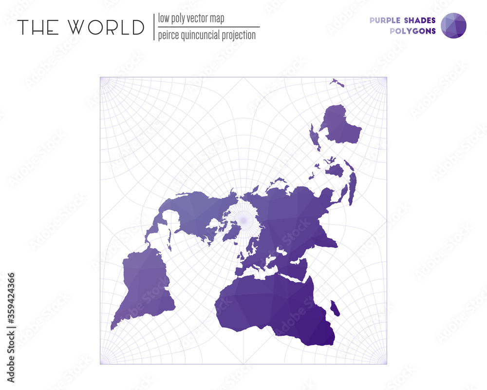 Triangular mesh of the world. Peirce quincuncial projection of the world. Purple Shades colored polygons. Beautiful vector illustration.