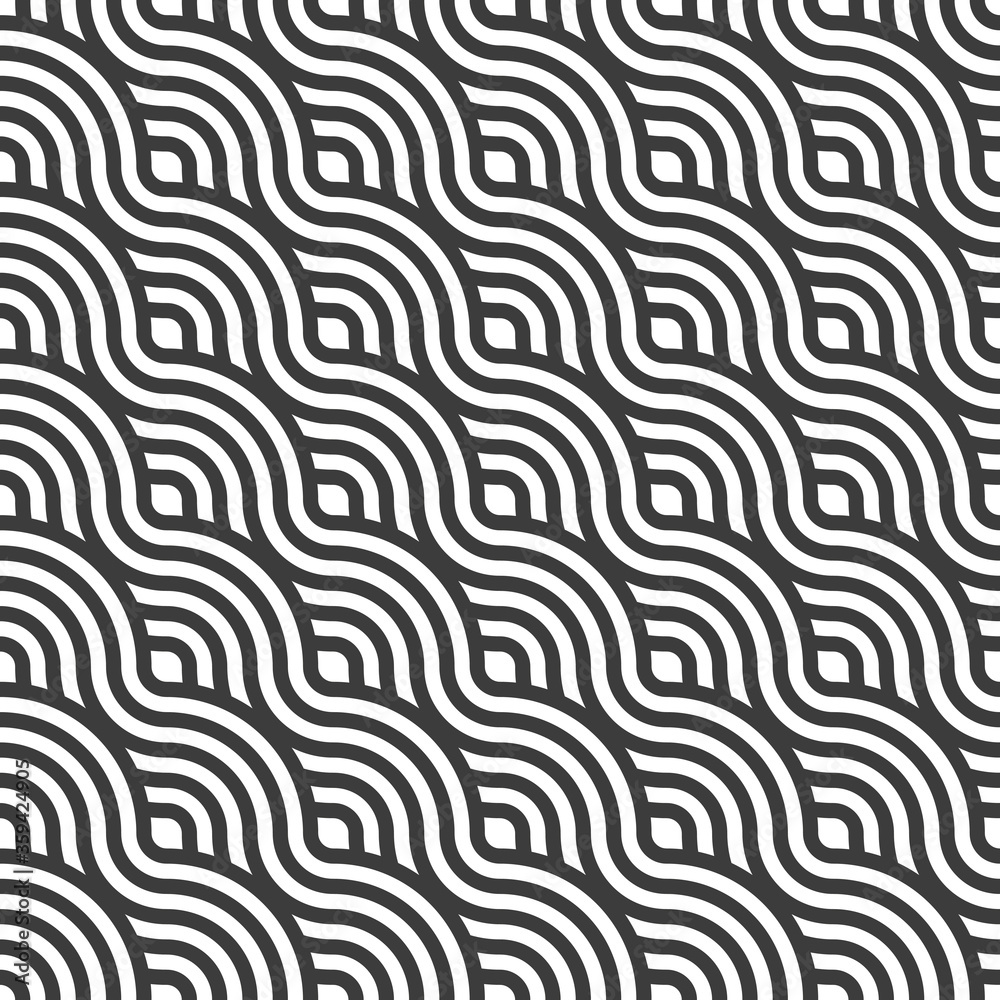 Repeat Wave Graphic Plexus Backdrop Pattern. Continuous Black Vector Ripple Lattice Texture. Repetitive Monochrome Circle Decor 