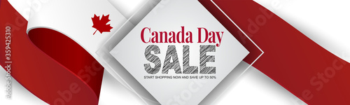 Canada day sale banner or header background. July 1 national holiday. Canadian flag waving ribbon with maple leaf. Vector illustration red and white colors.