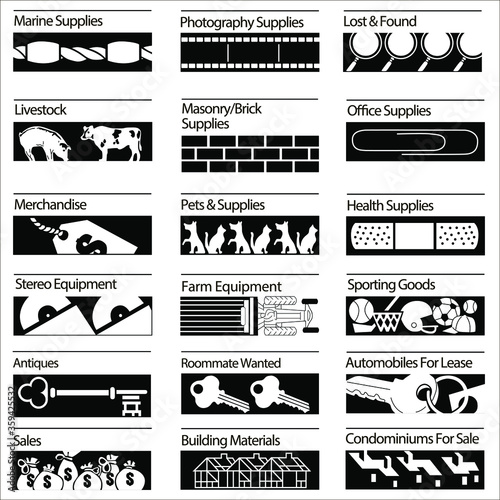 Illustration set of headlines for sales, goods and services announcements with monochrome black and white pictures. photo