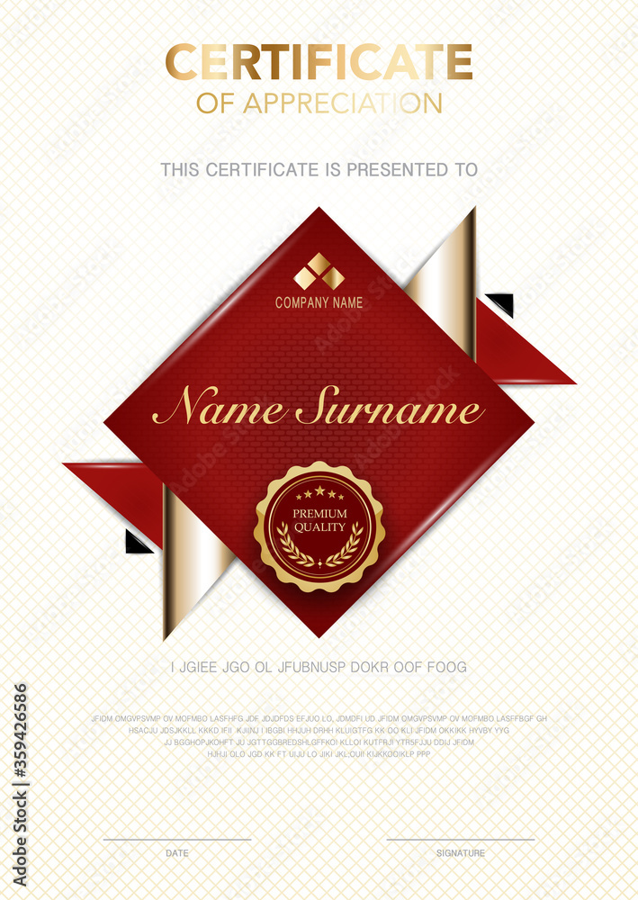 Naklejka premium diploma certificate template red and gold color with luxury and modern style vector image, suitable for appreciation. Vector illustration.