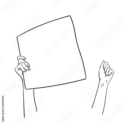 Protest, Hands holding blank banner and showing fist. Vector sketch, Hand drawn illustration