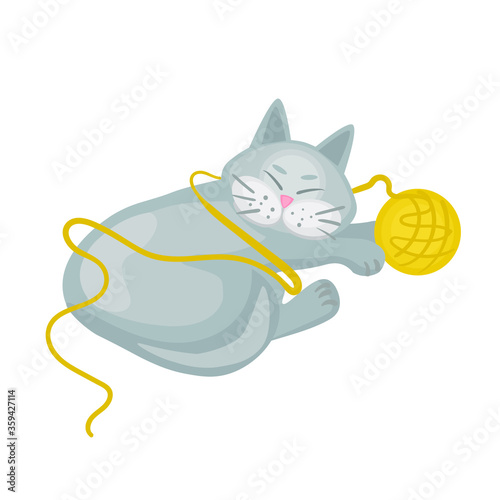 vector illustrations with a playing grey cat. pet character, stickers in cartoon style. cute animals.