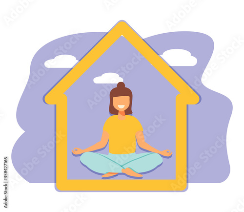 Women doing yoga activity at home, studying class distance illustration in vector. Stay at home and things to do in self isolation and social distancing during epidemic of corona virus.