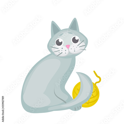 vector illustrations with a playing grey cat. pet character, stickers in cartoon style. cute animals.