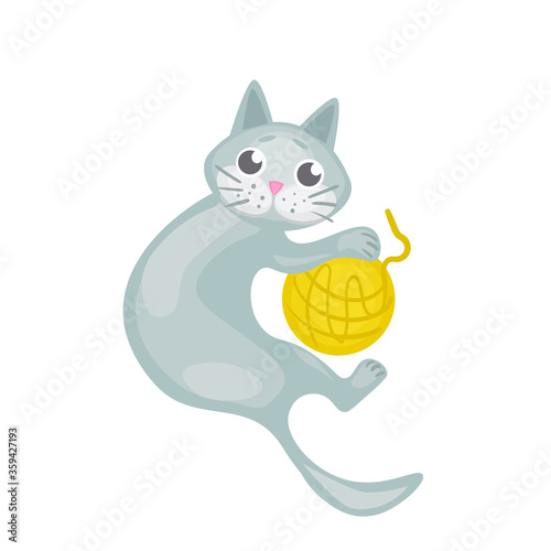 vector illustrations with a playing grey cat. pet character, stickers in cartoon style. cute animals.