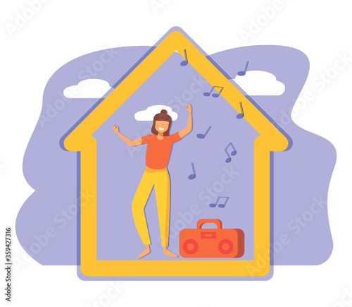 Women at home listening the music, dancing and singing in period of self isolation and social distancing during covid virus epidemic. Stay home global period illustration in vector.