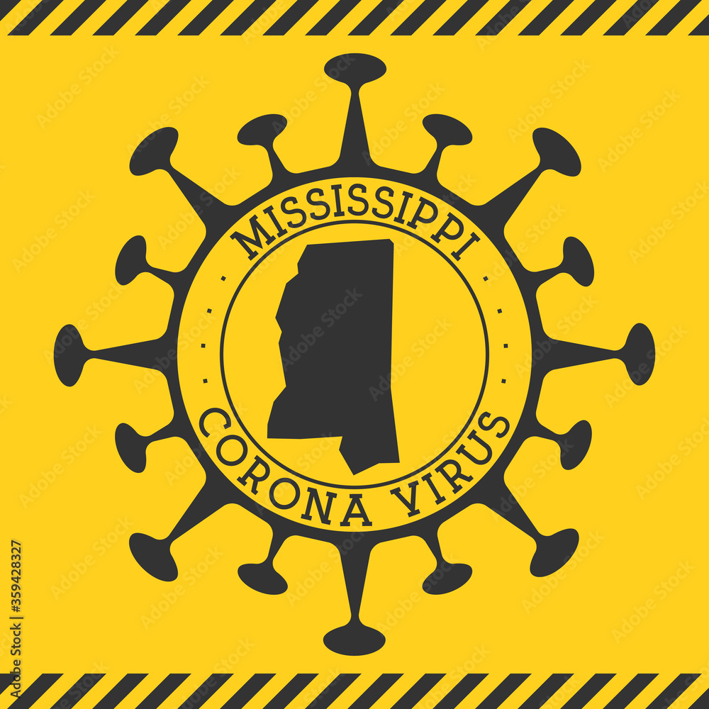 Corona virus in Mississippi sign. Round badge with shape of virus and Mississippi map. Yellow us state epidemy lock down stamp. Vector illustration.