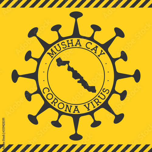 Corona virus in Musha Cay sign. Round badge with shape of virus and Musha Cay map. Yellow island epidemy lock down stamp. Vector illustration. photo