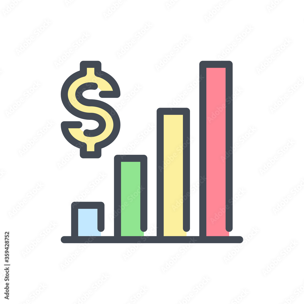 Financial Statistics color line icon. Dollar with Growth Chart vector outline colorful sign. Financial Statistics color line icon. Dollar with Growth Chart vector outline colorful sign.