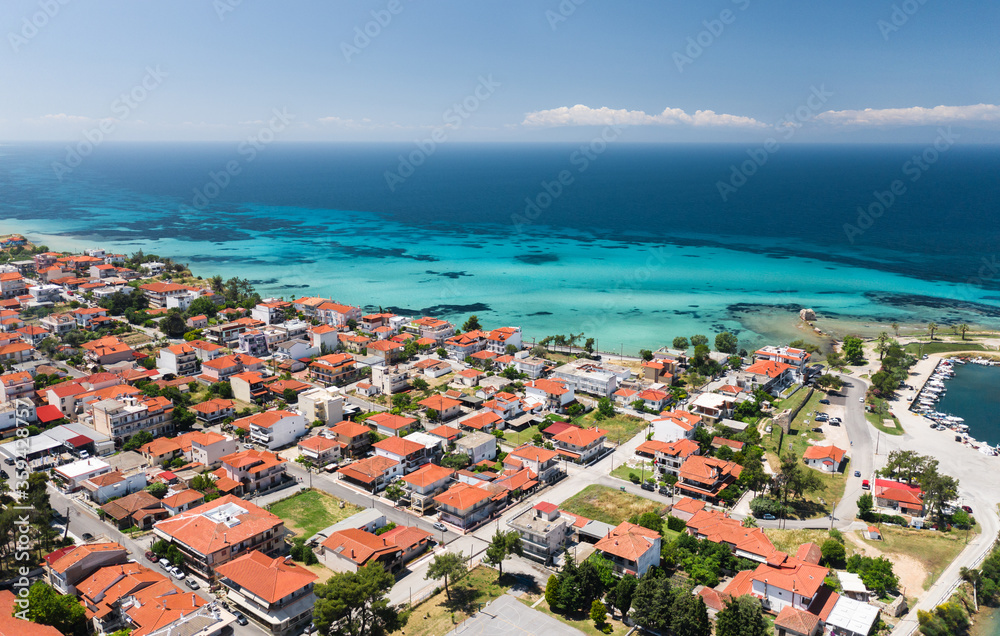 Aerial view at Nea Potidea village, at summer sunny day. Halkidiki Peninsula, Greece