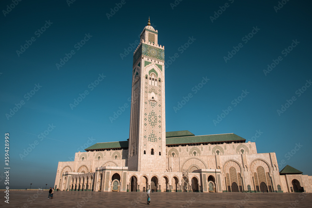 Panoramic view at the Mosque of Hasan II. in Casablanca. Casablanca is the largest city in Morocco.