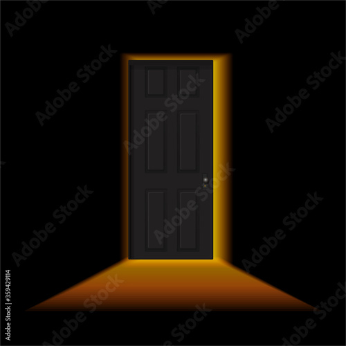 Ajar door in a dark room. Light outside the door. Black door in a dark room with shining light. Vector illustration