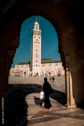 Panoramic view at the Mosque of Hasan II. in Casablanca. Casablanca is the largest city in Morocco.