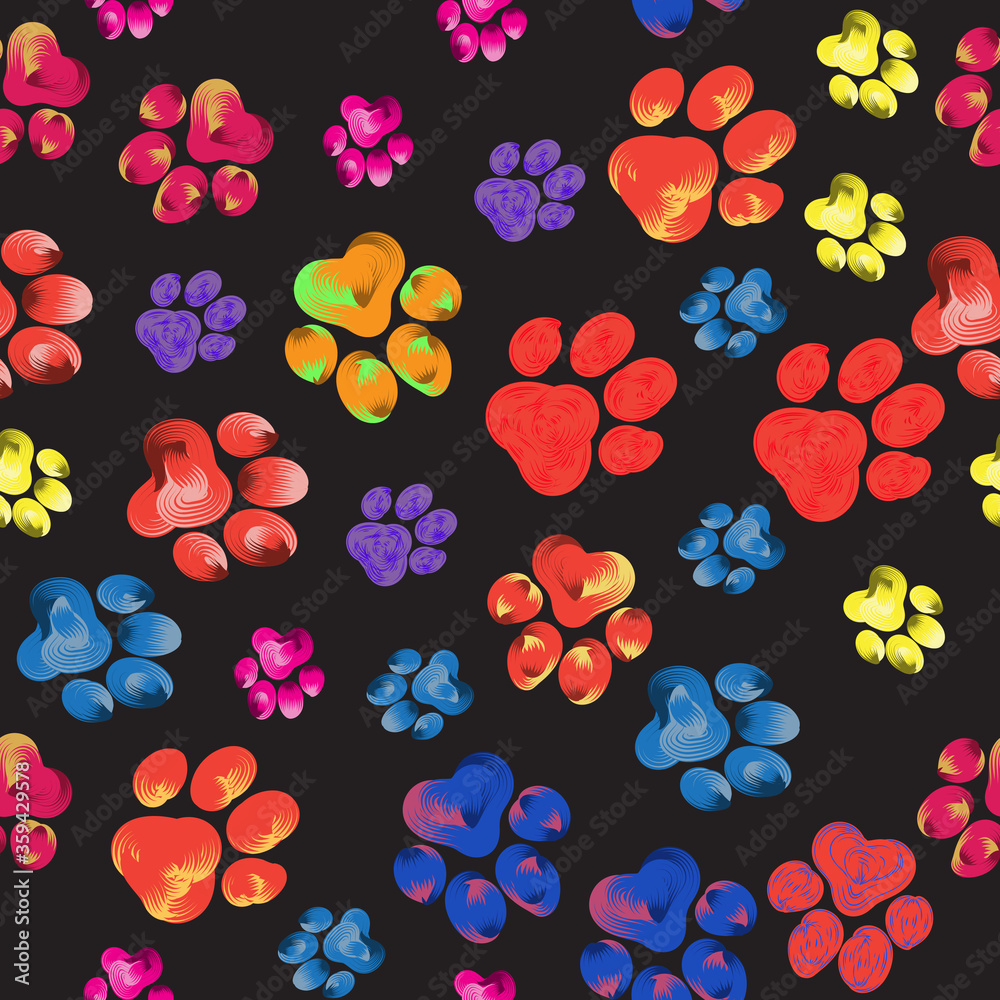 Rainbow animal paw print trails on a black background. Silhouettes of