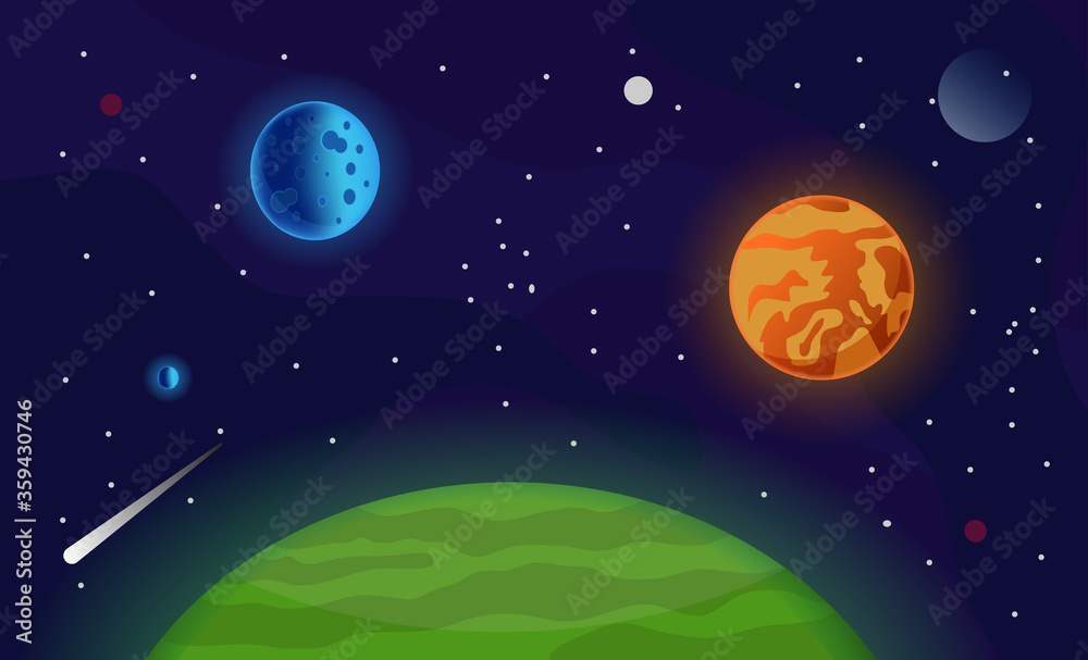 Space and planet background. The edge of the planet with which you can see space, planets, stars, comet.