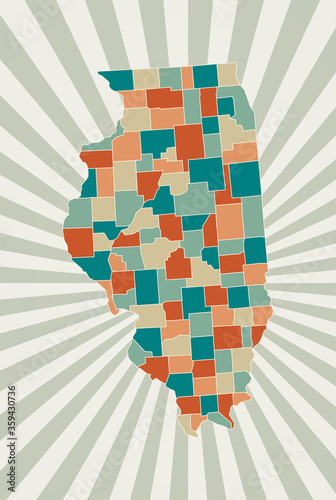 Illinois map. Poster with map of the US state in retro color palette. Shape of Illinois with sunburst rays background. Vector illustration.