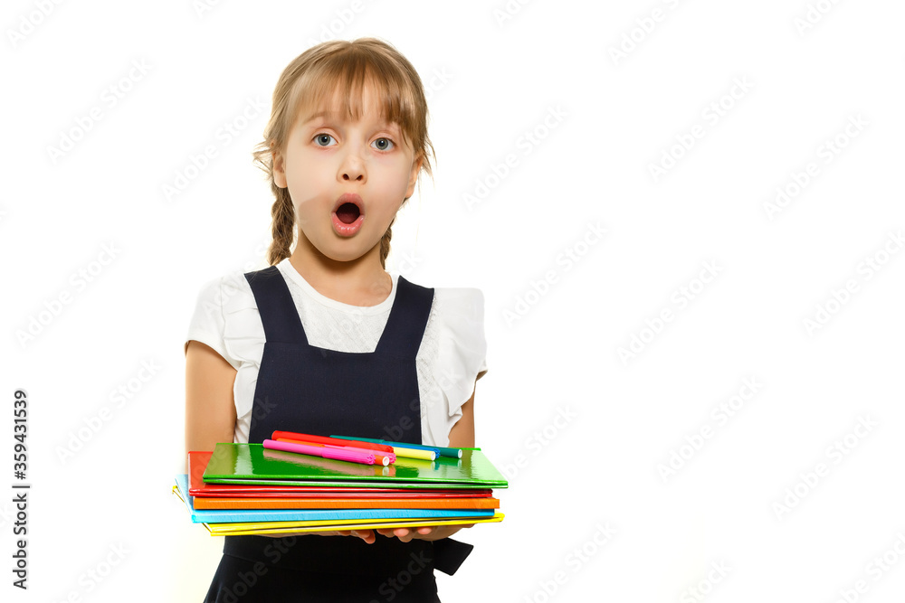 little blond school girl with backpack bag portrait isolated on white background little blond school girl with backpack bag portrait isolated on white background