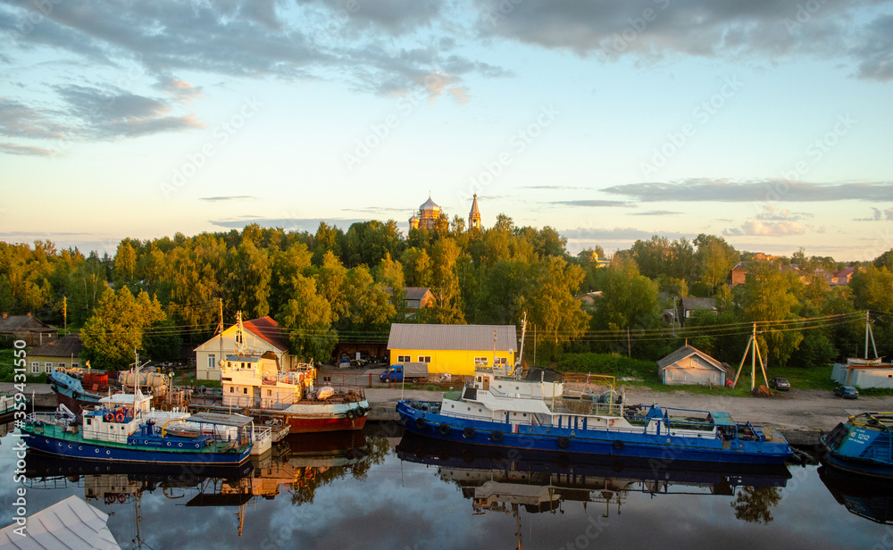 Vitegra River, Russia, Vologda oblast. Beautiful view from the top of town Vitegra. 