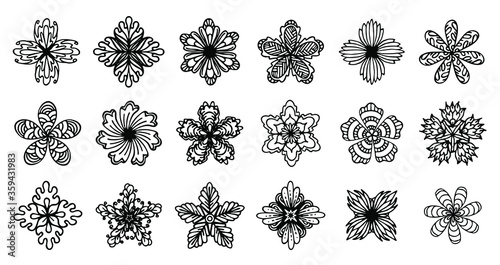 vector black flowers, outline cut out, stylized decorative floral set, isolated on white background, orate, ornamental flower collection, for your design projects as logo, label, flyer, banner 