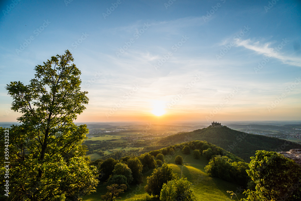 Hohenzollern Castle seen at sunset in South Germany