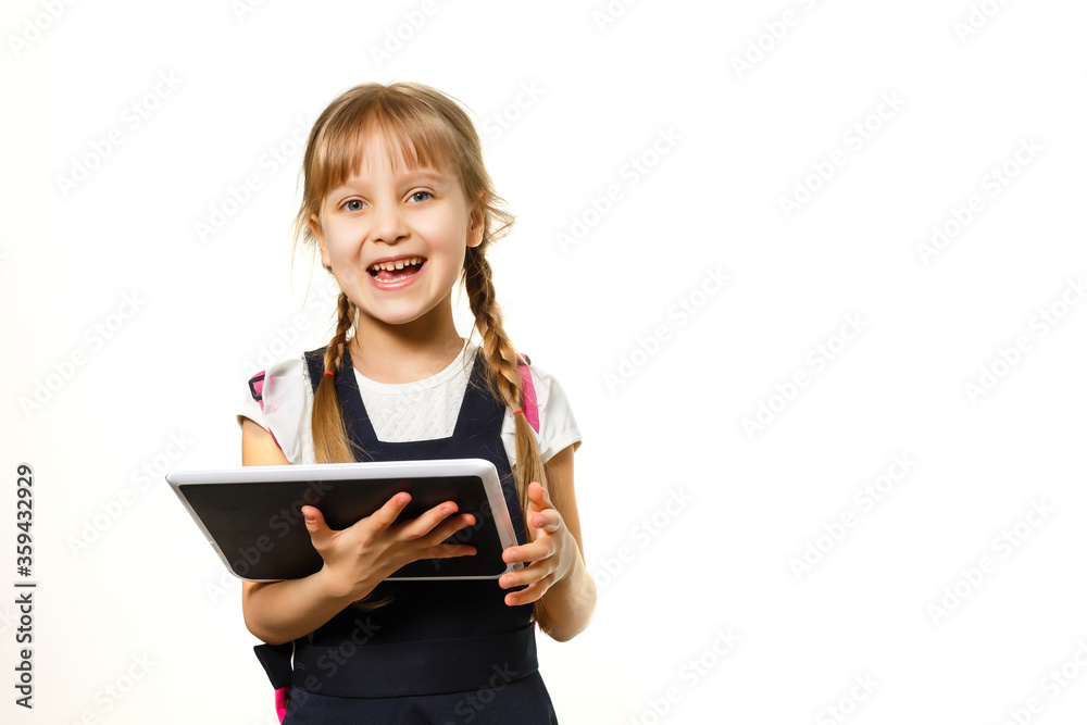 little blond school girl with backpack bag portrait isolated on white background little blond school girl with backpack bag portrait isolated on white background